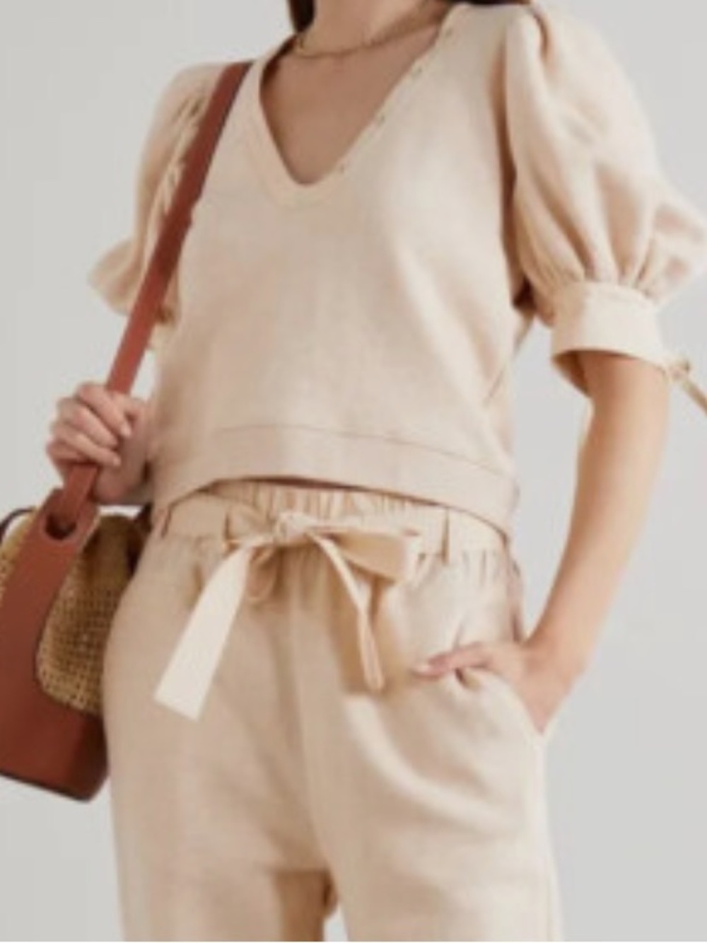 Ulla Johnson Bess Oatmeal Cotton Sweater Size Small Poplin Trim Puff Sleeve $245